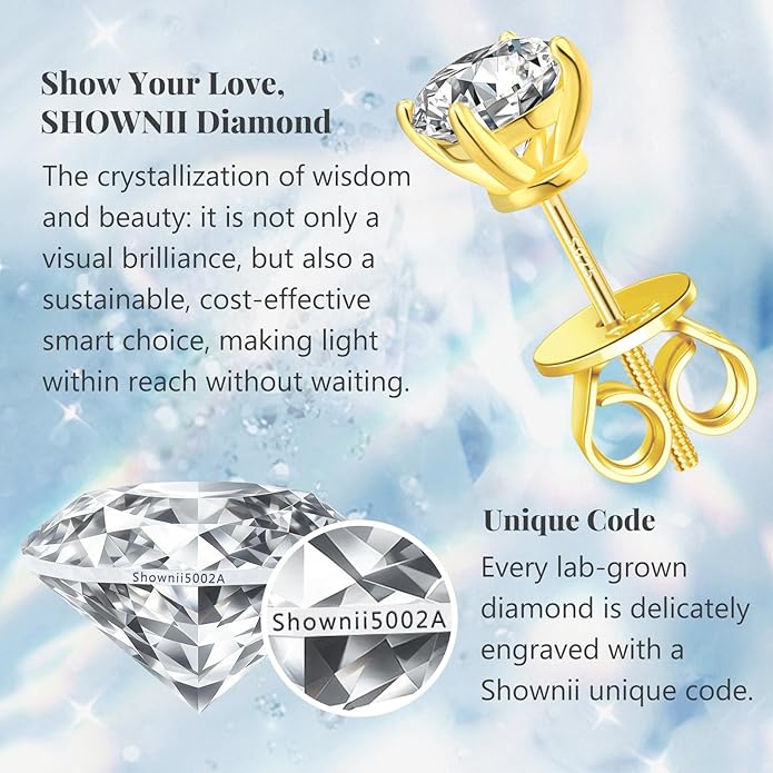 SHOWNII Diamond 4-Prong Lab-Grown Diamond Stud Earrings for Women 0.5CT 1CT 14K Gold Plated S925 Sterling Silver Screw Back Earrings(I-J Color, S1-VS2 Clarity)
