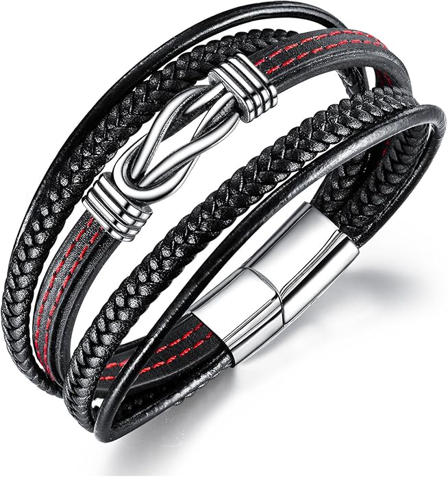Italian Handmade Genuine Leather Bracelets for Men Stainless Steel Clip, Men's Casual Genuine Multi-layer Cuff Bracelet, Bracelet Gift for Real Men