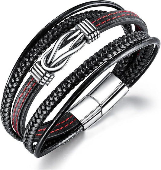 Italian Handmade Genuine Leather Bracelets for Men Stainless Steel Clip, Men's Casual Genuine Multi-layer Cuff Bracelet, Bracelet Gift for Real Men