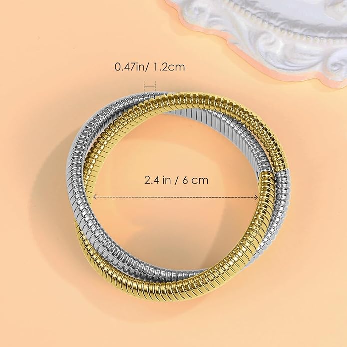 Emibele Gold Bangles Bracelet Set for Women, 18K Gold Plated Chunky Stainless Steel Non Tarnish Stretch Bracelet Stack, Flexible Wide Wristband Bangle Layered Snake Chain Bracelets