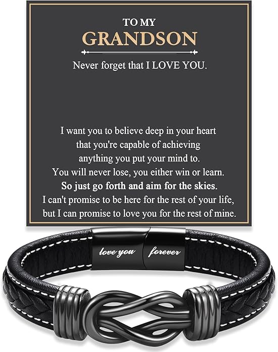 Love You Forever Leather Bracelet Gifts for Men Him Teen Boys, To My Brother Son Grandson Nephew Friend Dad Husband Christmas Birthday Valentines Fathers Day Graduation Back to School Gifts