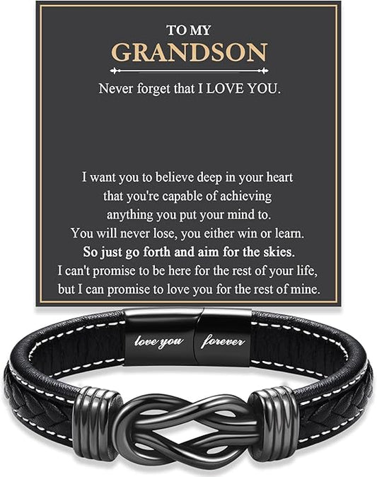 Love You Forever Leather Bracelet Gifts for Men Him Teen Boys, To My Brother Son Grandson Nephew Friend Dad Husband Christmas Birthday Valentines Fathers Day Graduation Back to School Gifts