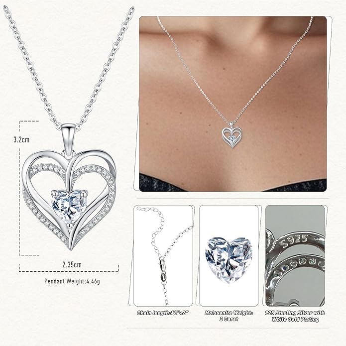 Moissanite Heart Necklace for Women, 2CT D Color VVS1 Moissanite 925 Sterling Silver Pendant Necklace Jewelry, Anniversary Birthday Gifts for Wife Mom Girlfriend
