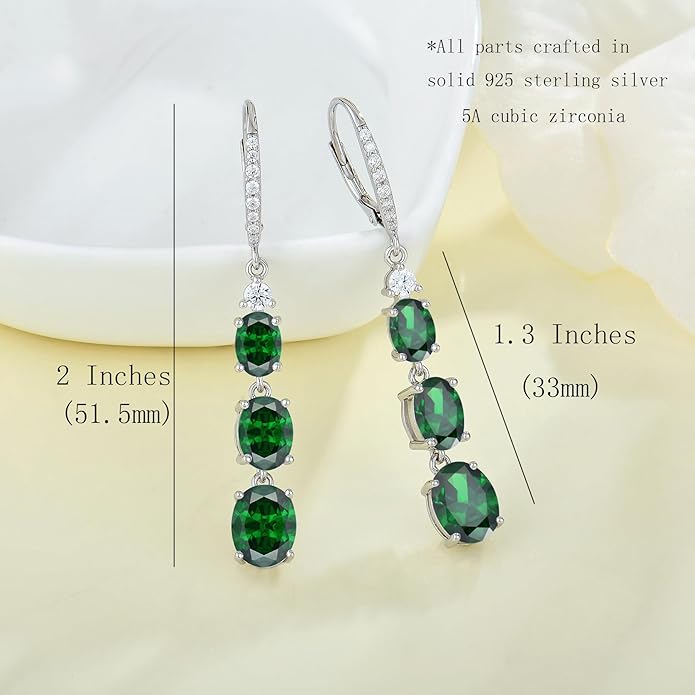 Women 925 Sterling Silver Birthstone 3-stone Leverback Drop Dangle Earrings 5A Cubic Zirconia Jewelry for Her