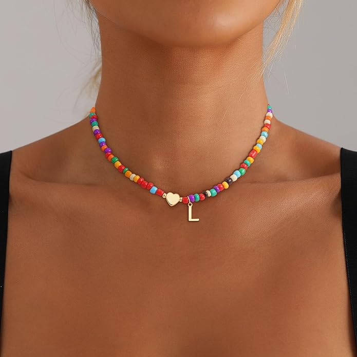 Colorful Initial Necklaces for Girls Women Kids - Teen Girls Gifts Trendy Stuff Beaded Initial Necklace Dainty Letter Choker Necklace for Girl Gifts Jewelry