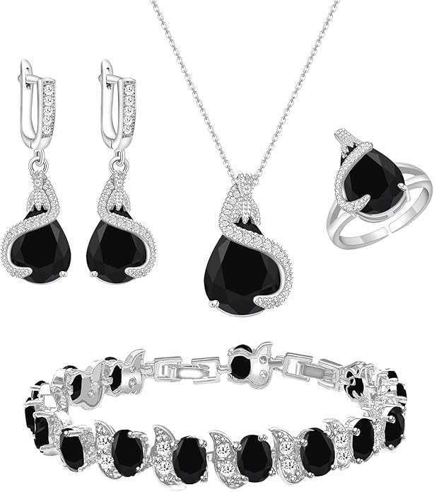 GZWHD Jewelry Set for Women Water Drop Cubic Zirconia Artificial Crystal Earrings Pendant Necklace Open Ring Tennis Bracelet Wedding Anniversary Birthday Engagement Gift for Bridesmaid Wife Girlfriend Friend
