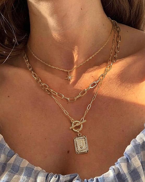 MJartoria Layered Initial Necklaces for Women Trendy, 14K Gold Plated Brass Simple Star Choker Square Letter Pendant Necklace, Paperclip Chain Necklaces Jewelry Gifts