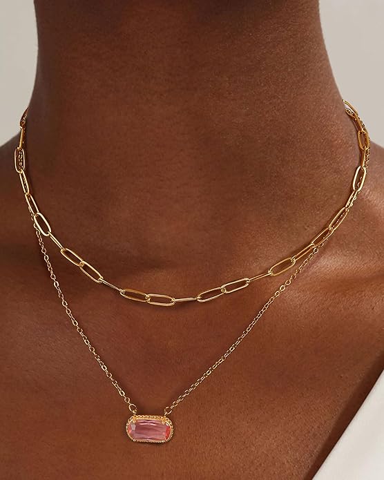 Lourny Gemstone Birthstone Pendant Layered Necklace for Women Trendy, 18K Gold Plated Paperclip Chain Preppy Choker Charm Necklace for Women Wife Jewelry