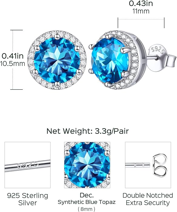 ChicSilver 925 Sterling Silver Birthstone Earrings for Women, 8MM/2 Carat Heart & Round Cubic Zirconia Stud Earrings, Hypoallergenic Jewelry, Ideal Birthday or Christmas Gifts