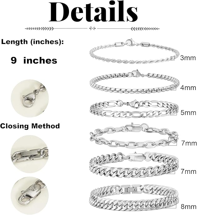XIANNVXI 6pcs Stainless Steel Bracelets for Men Women Silver/Gold/Black Cuban Link Rope Paperclip Chain Bracelets Set 6.5/7/7.5/8.3/9 Inches Metal Bracelet Mens Fashion Accessories Jewelry Set