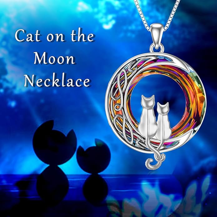 TOUPOP Christmas Cat Gifts for Cats Lovers One Two Three Four Cats Necklace Sterling Silver Cats on the Moon Pendant Necklace with Blue Circle Crystal Birthday Christmas Celtic Jewelry Gifts for Women