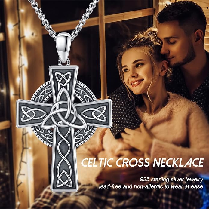 Midir&Etain Celtic Cross Necklace 925 Sterling Silver Cross Pendant Necklace Celtic Viking Irish Jewelry Religious Protective Gift for Men Women