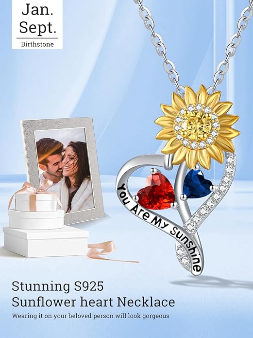 Zeuslia Double Birthstone Necklace Gifts for Wife - 925 Sterling Silver Sunflower/Rose/Crown Cross/Compass/Heart Pendant I Love You Necklace, Anniversary Birthday Gifts for Wife Girlfriend Mom Her