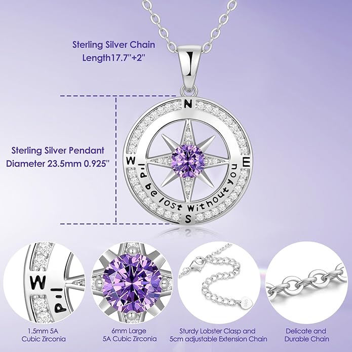Zifeel Compass Necklace Gifts for Women wife - S925 Sterling Silver Birthstone Necklaces for Women - Anniversary Birthday Gifts for Her Wife Girlfriend - Valentines Mom Mothers Day Christmas Gifts Jewelry for Women