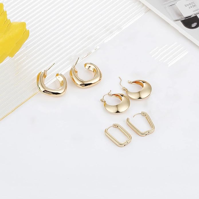 14K Gold Plated Hoop Earrings for Women, Hypoallergenic Chunky Gold Plating Hoop Earrings Multipack, Lightweight Twisted Huggie Hoops Earring Set Jewelry for Gifts