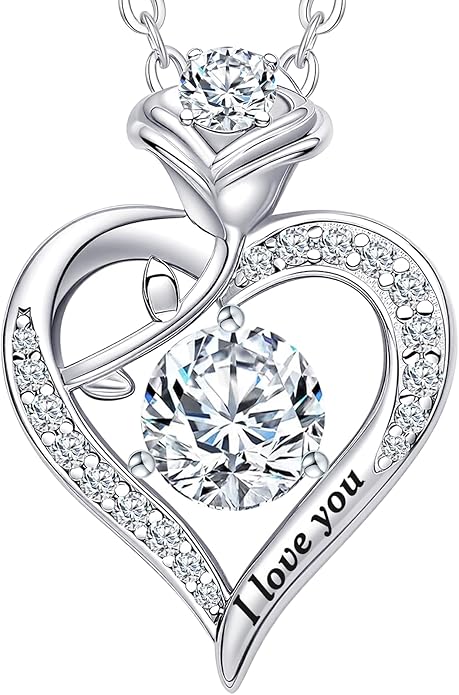 DWWGE Rose Heart Pendant Necklace Gifts for Wife, Engraved 'I love you' Gift for Wife Girlfriend, Anniversary Birthday Eternity Jewelry Present for Women, Moissanite Necklace Gift for Her