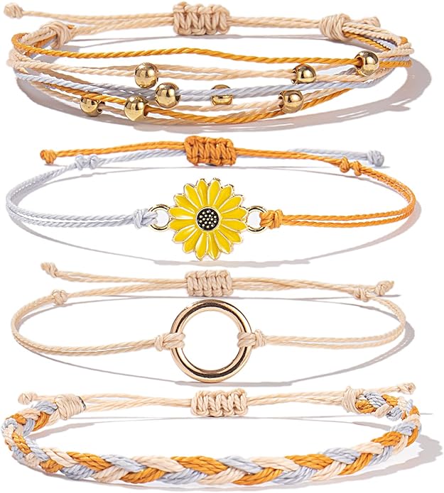 FANCY SHINY Sunflower String Bracelet Boho Braided Rope Wrap Bracelets Cute Summer Beach Surfer Jewelry for Women
