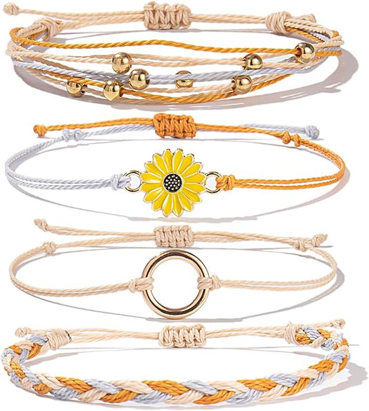FANCY SHINY Sunflower String Bracelet Boho Braided Rope Wrap Bracelets Cute Summer Beach Surfer Jewelry for Women