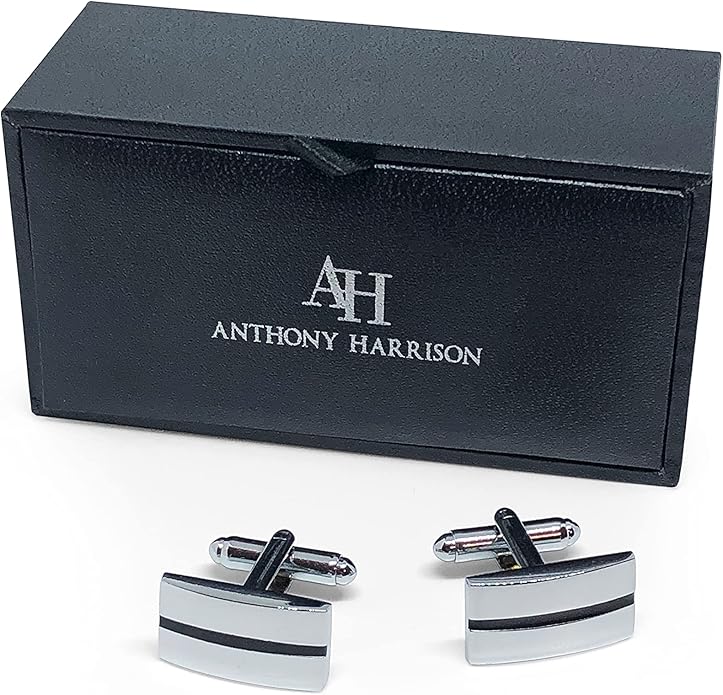 Anthony Harrison Men's Cufflinks Silver Black Cufflinks Premium Stainless Steel Jewelry Elegant and Classy Set Ideal for Wedding, Party, Ceremony