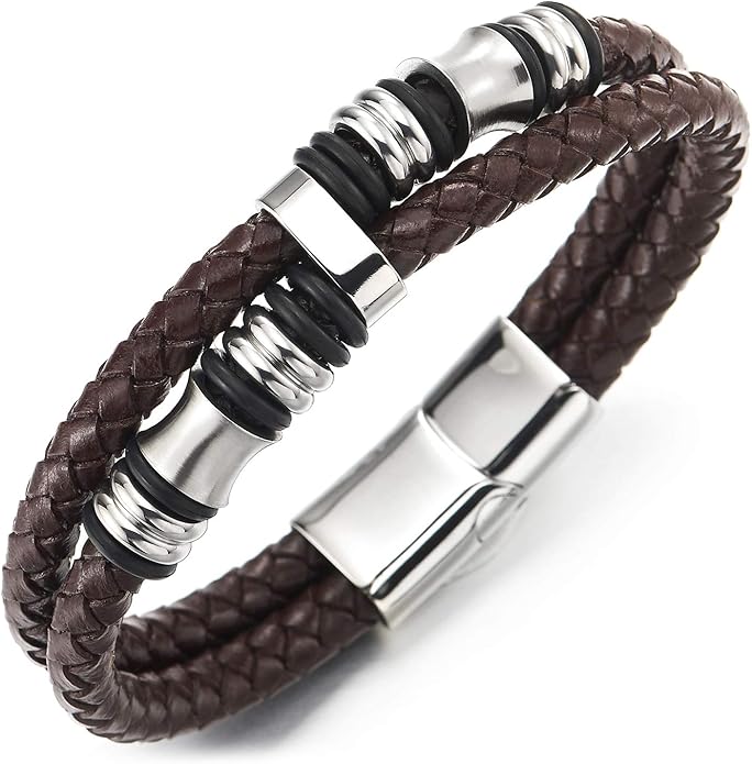 COOLSTEELANDBEYOND Mens Double-Row Braided Leather Bracelet Bangle Wristband with Stainless Steel Ornaments