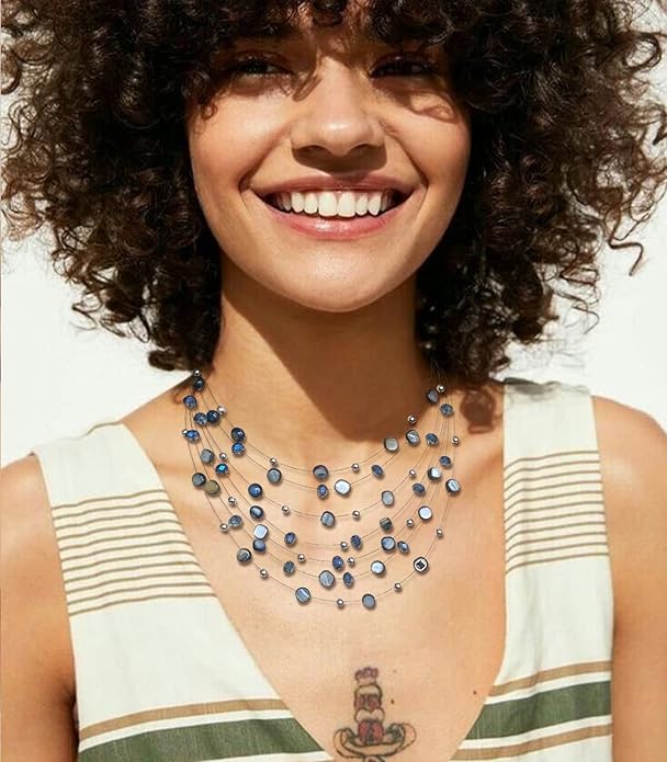 Multi-Layer Boho Shell Beaded Necklace for Women Colorful Crystal Strand with Silver Beads Statement Collars Necklace and Earrings Costumes Jewelry Sets for Women