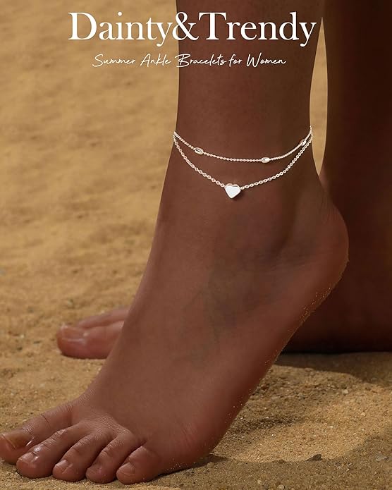 FUNEIA Gold Silver Ankle Bracelets for Women Waterproof 14K Gold Plated Anklets for Women Non Tarnish Dainty Layered Beaded Heart Anklet Set Summer Beach Foot Chain Jewelry Gifts Trendy Stuff