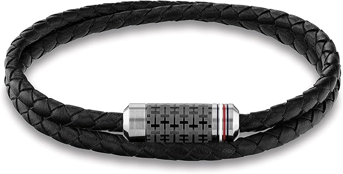 Tommy Hilfiger Men's Jewelry Tube Double Wrap Braided Leather Bracelet Color: Black (Model: 2790327)