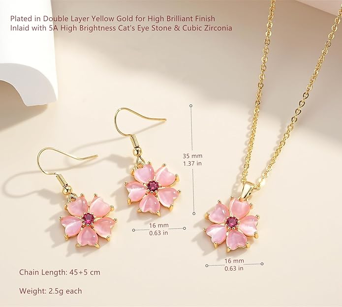 VONSSY Elegant Cherry Blossom Necklace Earrings Pink Cats Eye Flower Flora Sakura Gemstone Crystal Pendant 18k Gold Plated Chain Jewelry Set Gift for Woman Wife Girlfriend