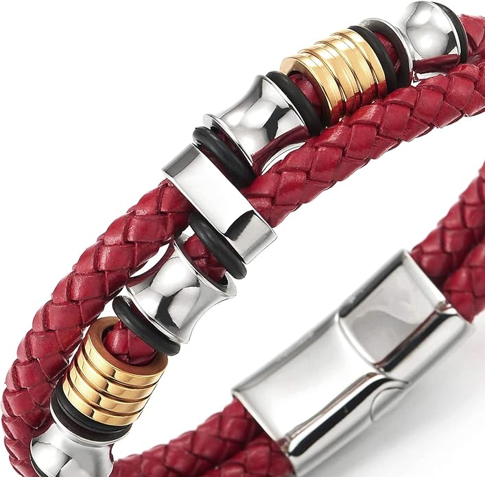 COOLSTEELANDBEYOND Mens Double-Row Braided Leather Bracelet Bangle Wristband with Stainless Steel Ornaments