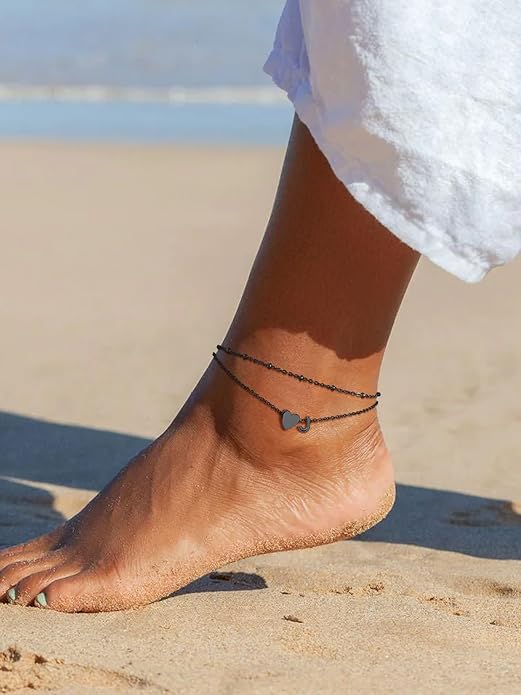 Suplight Stainless Steel Initial Ankle Bracelets for Women Layered Dainty Heart Anklet Beaded Anklets for Women Waterproof Plus Size Ankle Foot Chain Summer Essentials Jewelry(with Gift Box)