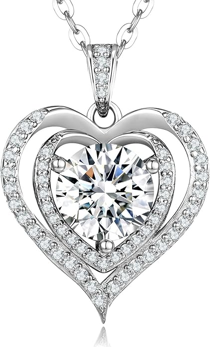 Moissanite Heart Necklace for Women, 1-2 Carat Moissanite Necklace Engraved with 'I LOVE YOU', Anniversary Birthday Gifts for Women,Mom, Girlfriend, Jewelry Gifts for Christmas Valentine's Day