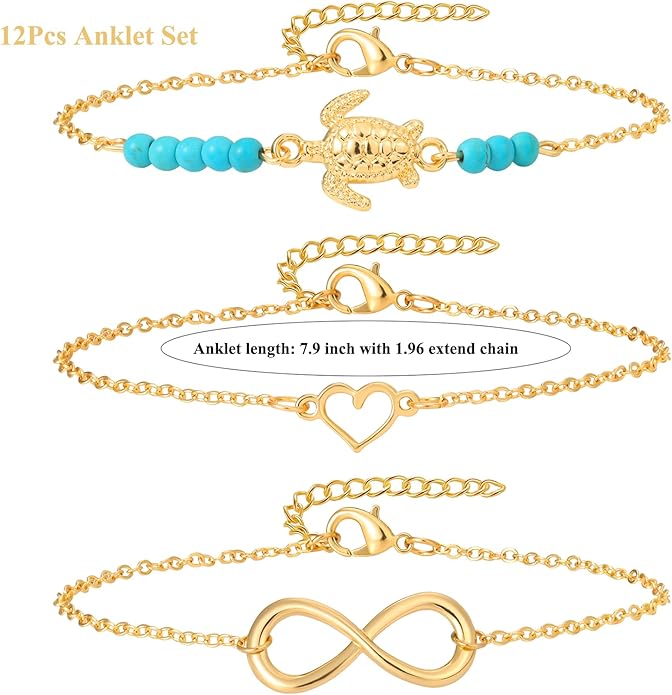 Starain 12Pcs Summer Beach Anklets for Women Waterproof Gold Silver Chain Ankle Bracelets Cute Women's Foot Anklet Set 7.9-10.5 inch Adjustable