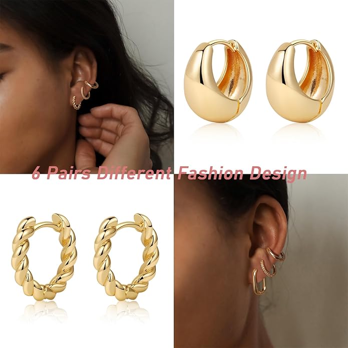 MIDEEO Gold/Sliver Chunky Hoop Earrings Set for Women, 14K Gold Plated Twisted Huggie Hoop Earring Hypoallergenic Thick Open Lightweight Chunky Hoop Earrings Jewelry for Gifts