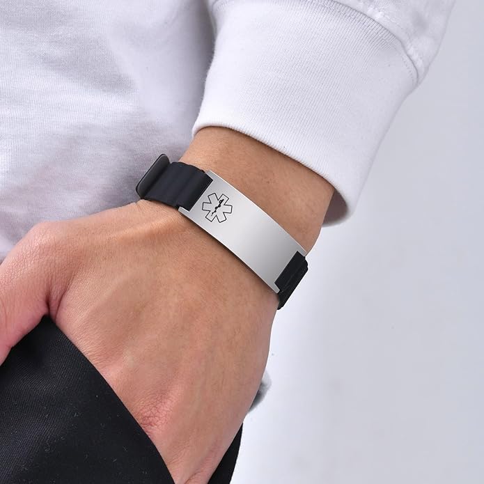 Comfortable Medical ID Bracelet for Men & Women - Custom Engraved Silicone Strap Comfort Fit Medical Alert Bracelets for Sports,Adjustable Waterproof Customizable Wristband for Diabetic