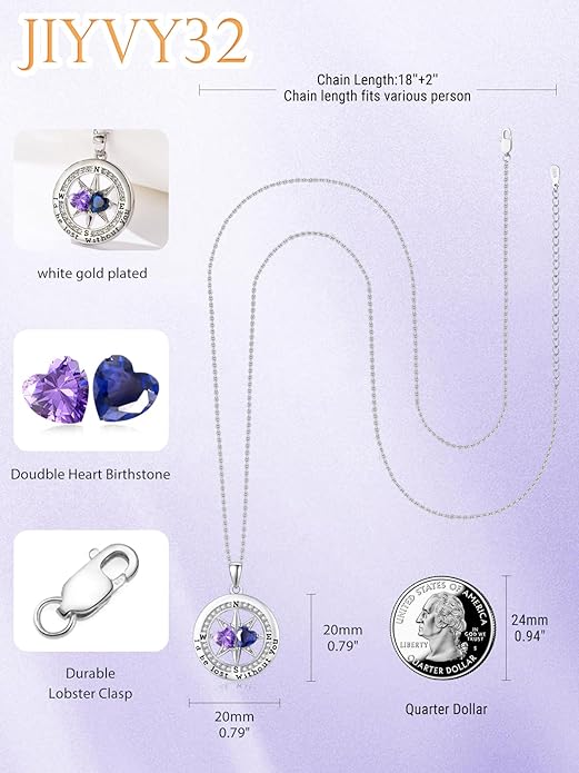 Compass Birthstones Necklace for Women, Exquisite Anniversary Birthday Gifts for Wife Her Double Birthstone Pendant jewelry ‘I'd be Lost Without You’
