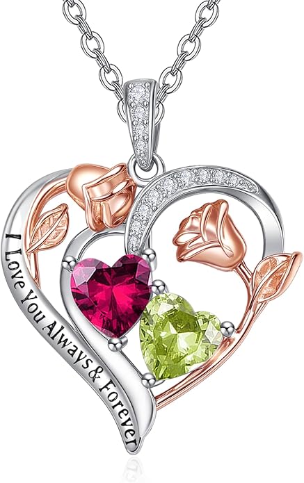 Zeuslia Double Birthstone Necklace Gifts for Wife - 925 Sterling Silver Sunflower/Rose/Crown Cross/Compass/Heart Pendant I Love You Necklace, Anniversary Birthday Gifts for Wife Girlfriend Mom Her