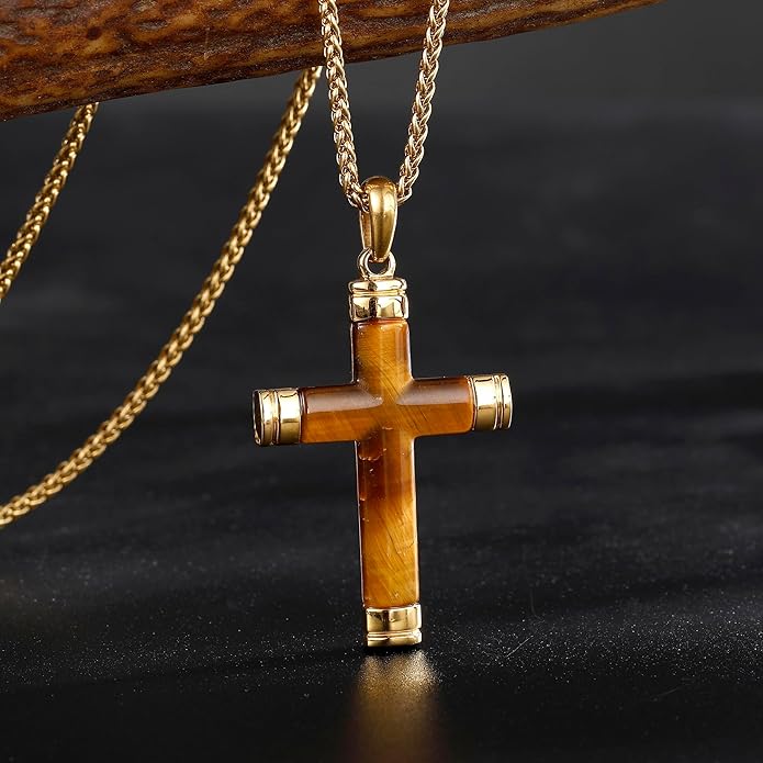 GTMJ Cross Necklace for Men -Stainless Steel & Gemstone Adjustable Box Chain 24-26in, Spiritual Jewelry Gift for Him, Everyday Wear