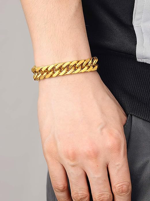 ChainsHouse Stainless Steel Cuban Link Bracelet, 8mm/12mm/17mm Width, 7.5"/8.3"/9", 18K Gold Plated Chain Wrist Bracelets for Men Women, Send Gift Box