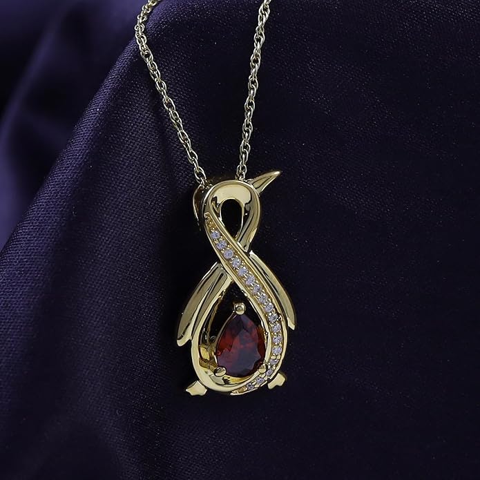 Infinity Penguin Pendant Necklace for Women, 14K Gold Over Sterling Silver with Pear & Round Cut Simulated Birthstone & White Diamond Accents, Dainty Animal Jewelry Gift with 18" Chain