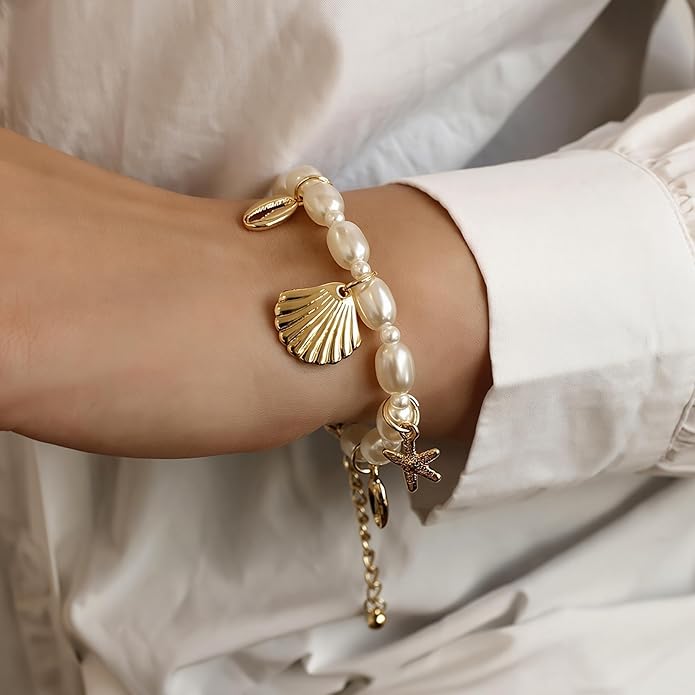 Shell Ankle Bracelet Set for Women, Gold Plated Boho Bead Adjustable Anklet, Hawaiian Beach Seashell Pearl Heart Starfish Conch Foot Jewelry Gifts