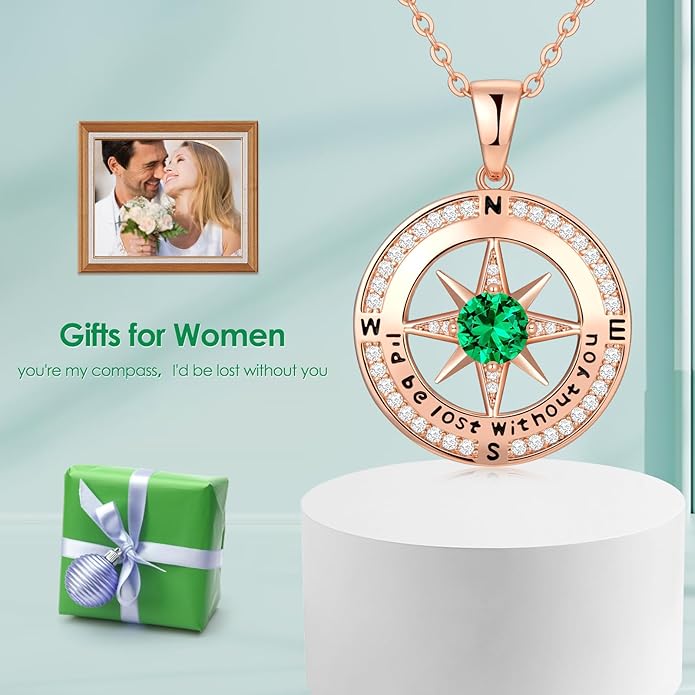 Zifeel Compass Necklace Gifts for Women wife - S925 Sterling Silver Birthstone Necklaces for Women - Anniversary Birthday Gifts for Her Wife Girlfriend - Valentines Mom Mothers Day Christmas Gifts Jewelry for Women