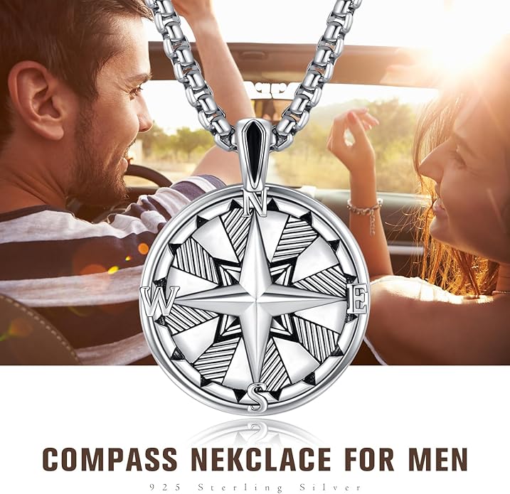 KINGWHYTE Compass Necklace for Men 925 Sterling Silver Birthday Gifts Graduation Travel Jewelry for Husband Brother with Stainless Steel Chain