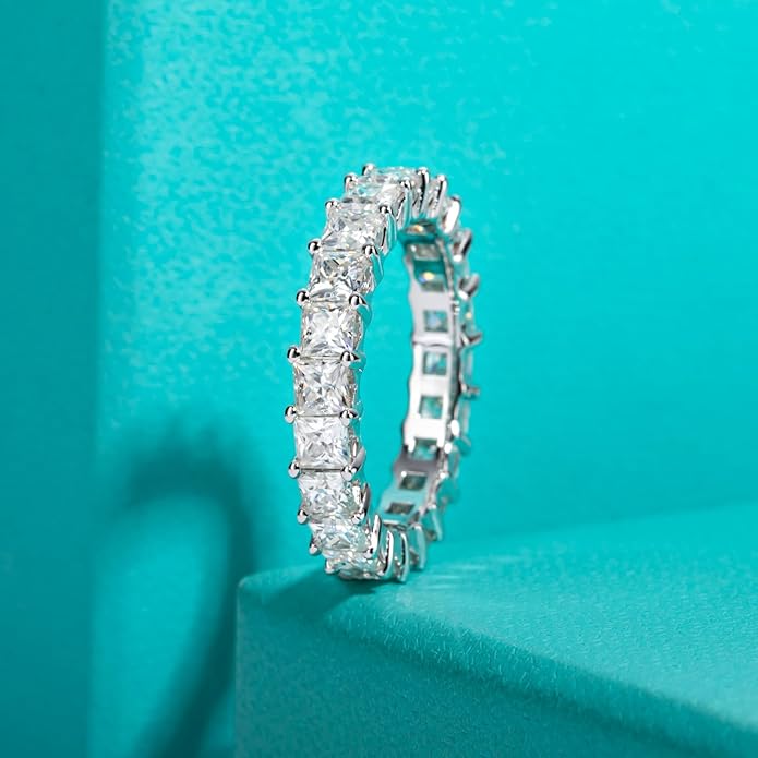 AnuClub Moissanite Eternity Ring, Round/Emerald/Princess Cut 5cttw D Color 925 Sterling Silver Wedding Band Rings for Women