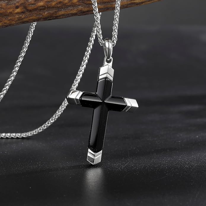 GTMJ Cross Necklace for Men -Stainless Steel & Gemstone Adjustable Box Chain 24-26in, Spiritual Jewelry Gift for Him, Everyday Wear