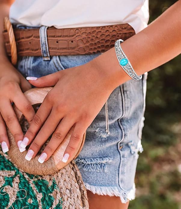 Christmas Jewelry Gift for Women-Genuine Turquoise Cuff Bracelet, Sterling Silver Western Vintage Floral Bangle Native American Jewelry, For 6.5-7.5 Inch Wrists