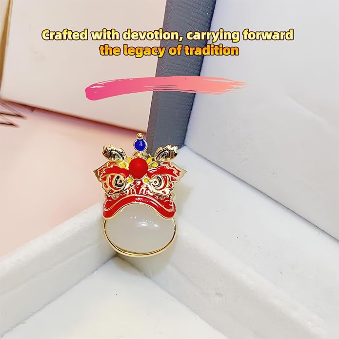 Chinese Lion Dance Brooch, Vintage Enamel Floral & Cat Eye Pearl Adjustable Lapel Pin for Women & Men – Traditional Asian Style Awakening Lion Brooch for Jacket, Blazer, Scarf, Qipao, Wedding, Festival Gift (Gold/Red/Blue)