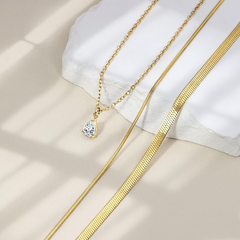 Layered Gold Necklaces for Women,14k Gold Plated Dainty Necklace Stack Set,Non Tarnish Adjustable Stainless Steel Cubic Zirconia Pendant Choker Herringbone Snake Chain Jewelry