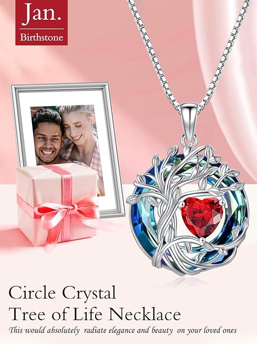 TOUPOP Tree of Life Birthstone Necklace 925 Sterling Silver Pendant Austrian Crystal Jewelry Anniversary Birthday Christmas Gifts for Women Mom Her Wife