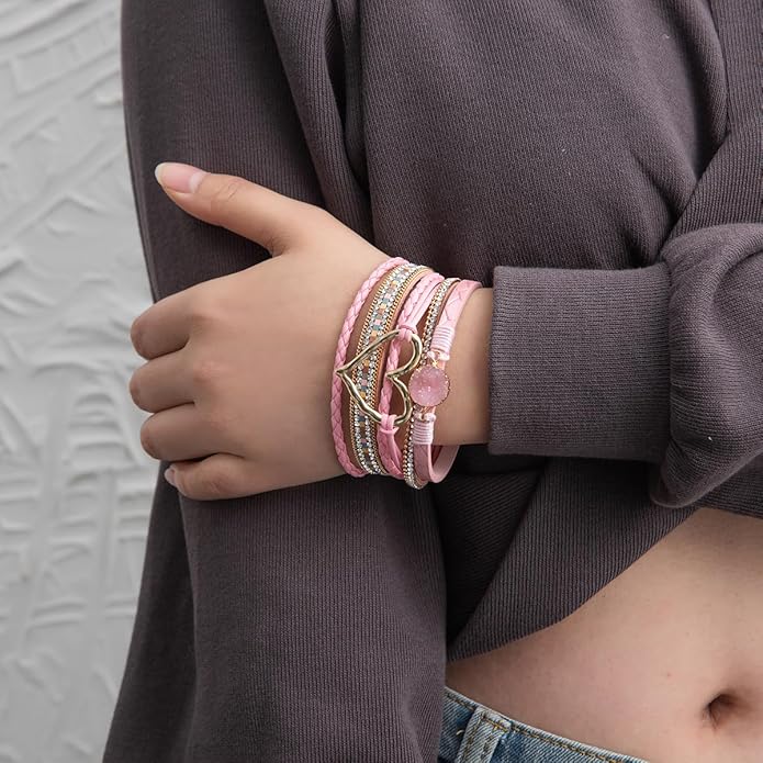 Rantanto Braid Leather Wrap Bracelet Trendy Stackable Crystal Cuff Boho Gold Heart Bracelet Jewelry Gift For Women