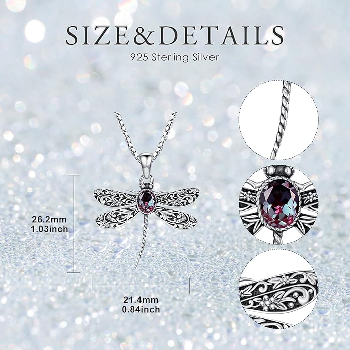 Vintage Dragonfly Necklace for Women 925 Sterling Silver, Oval Birthstone Dragonfly Pendant Boho Jewelry Birthday Gift for Her, Mom, Grandma